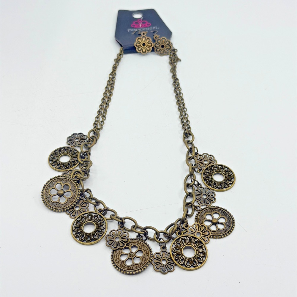 Paparazzi Brass Flower Statement Necklace & Earring Set - Festival Jewelry